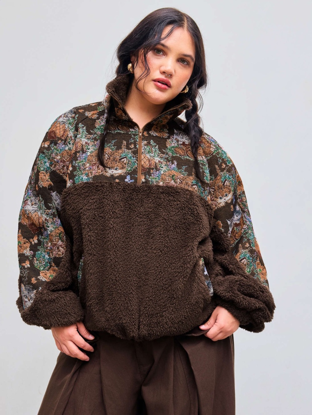 Cider Half-Zip Cafe Brown Sherpa Pullover Tapestry Floral Cat Print Size Large - Picture 2 of 16